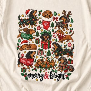 Comfort Colors Merry and Bright Dachshund Shirt, Christmas Doxie Tee, Cute Wiener Dog Christmas T-shirt, Dachshund Mom Holiday Shirt