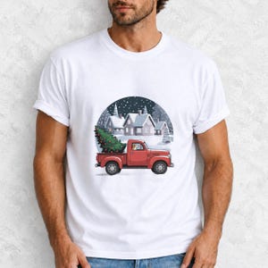 Comfort Colors Red Truck Christmas Tree Shirt, Retro Christmas Truck Tee, Snowy Village Red Truck T-shirt, Farmhouse Christmas Shirt