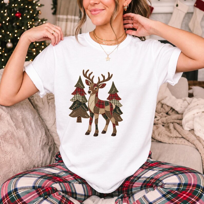 Comfort Colors Plaid Reindeer Christmas Shirt, Patchwork Reindeer Tee, Rustic Christmas Deer T-shirt, Farmhouse Reindeer Holiday Shirt