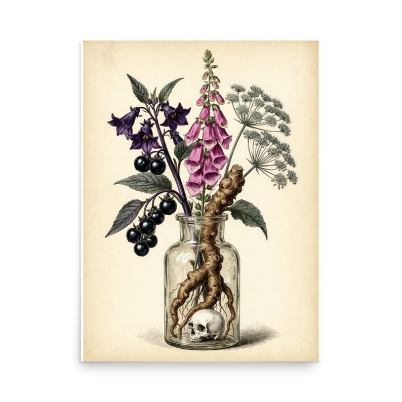 Poison Garden Print, Gothic Botanical Wall Art, Witchy Apothecary Plant Poster, Nightshade Foxglove Decor image 2
