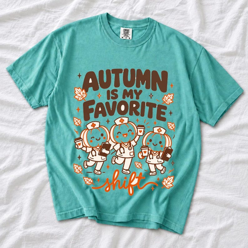 Cute pumpkin characters in nurse caps with clipboards and coffee, text Autumn Is My Favorite Shift