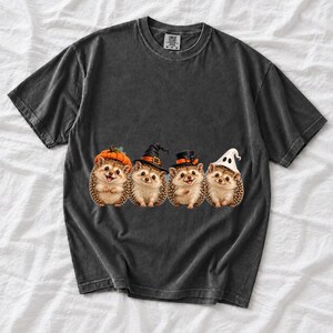 Realistic illustration of four hedgehogs wearing tiny Halloween hats in a row