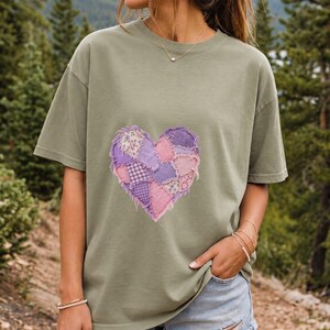 Comfort Colors Lavender Patchwork Heart Shirt, Quilt Heart Tee, Pastel Heart Valentine T-shirt, Valentines Day Heart Shirt Women