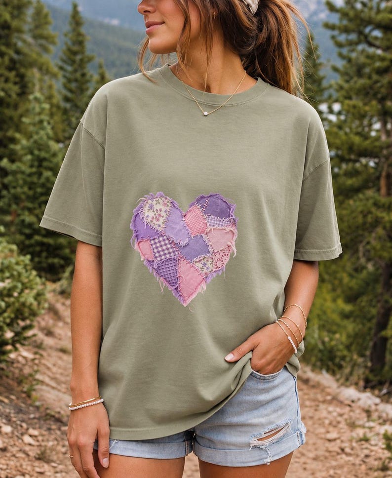 Comfort Colors Lavender Patchwork Heart Shirt, Quilt Heart Tee, Pastel Heart Valentine T-shirt, Valentines Day Heart Shirt Women