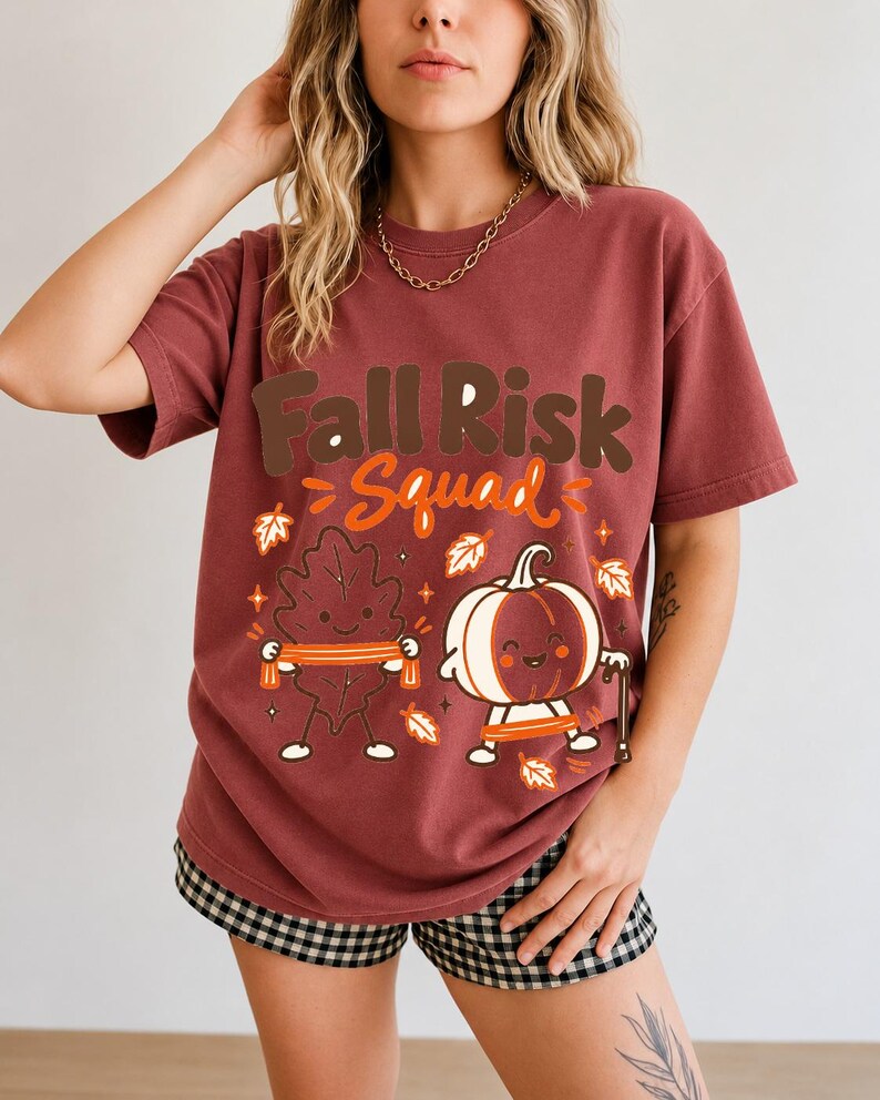 Kawaii leaf and pumpkin characters doing physical therapy with resistance bands and a cane, text Fall Risk Squad