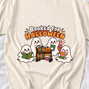 Four kawaii ghosts with books, a library cart and bookmarks, text Booked for Halloween