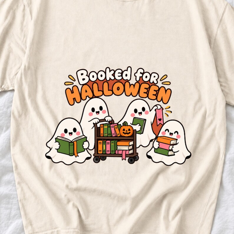 Four kawaii ghosts with books, a library cart and bookmarks, text Booked for Halloween