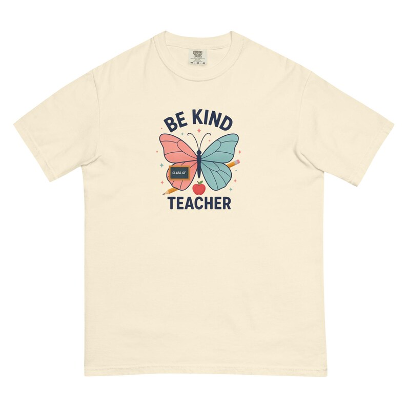 Be Kind Teacher Shirt, Pastel Butterfly Classroom Comfort Colors Tee; Ivory Comfort Colors 1717 shirt, front product mockup