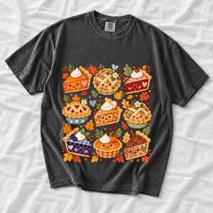 Grid of cute pie slices and mini pies with faces, lattice crusts and autumn leaves in patchwork sticker style