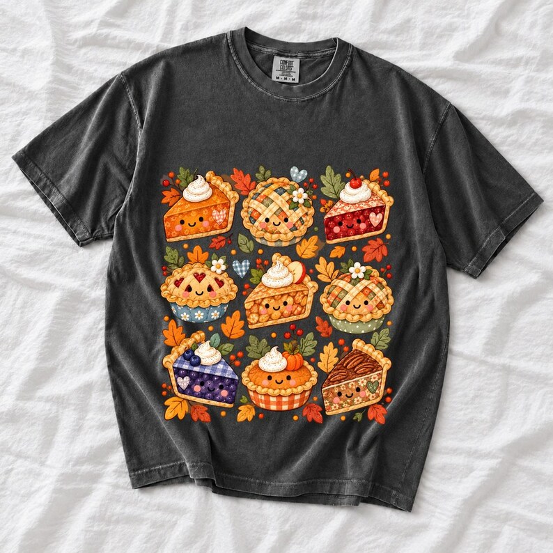 Grid of cute pie slices and mini pies with faces, lattice crusts and autumn leaves in patchwork sticker style