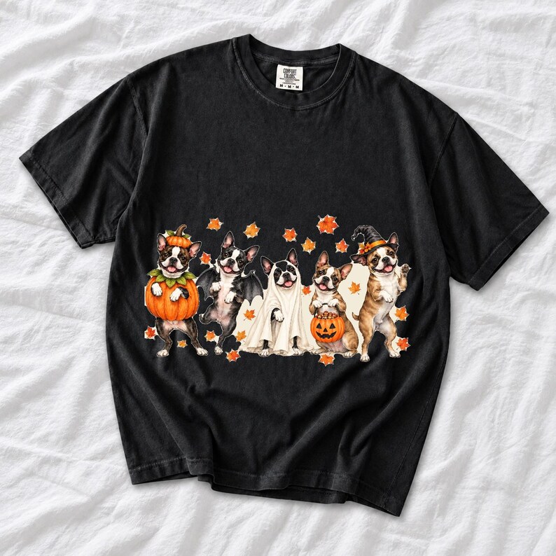 Five watercolor Boston terriers in Halloween costumes with falling autumn leaves