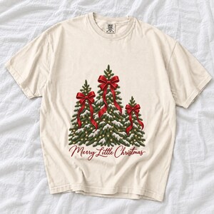 Comfort Colors Christmas Tree Bow Shirt, Coquette Christmas Tree Tee, Snowy Pine Tree T-shirt, Red Bow Christmas Shirt Women