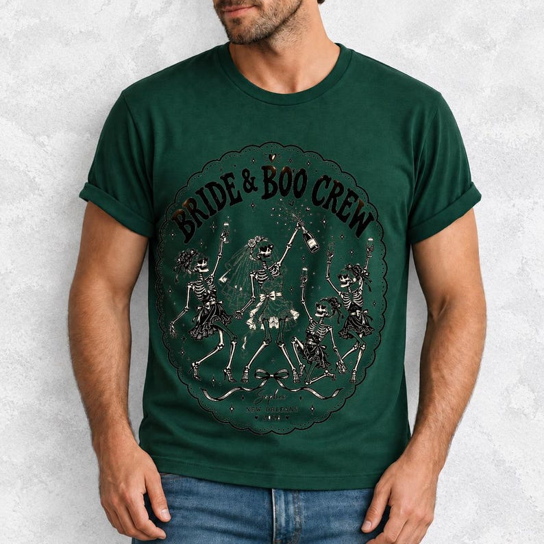 Skeleton bride popping champagne with cheering skeleton bridesmaids and the text Bride & Boo Crew