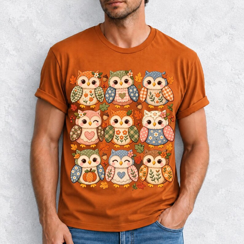 Grid of chubby owls with quilted patchwork wings, acorns and leaves in pumpkin, sage and dusty blue autumn colors