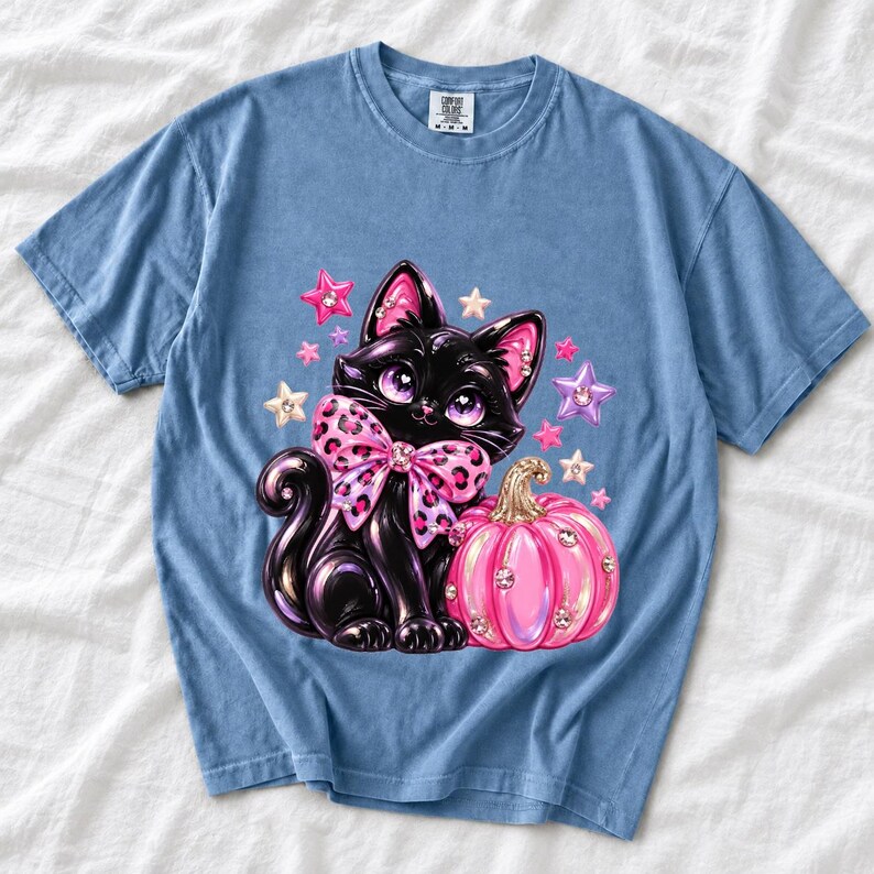Puffy 3D black cat with a leopard bow beside a glossy pumpkin and stars in coquette style