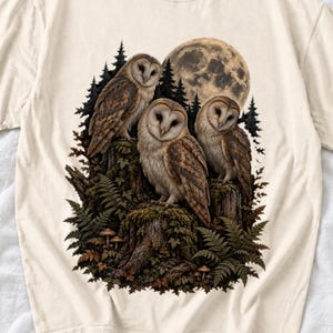 Three barn owls on a mossy stump under a huge full moon with ferns and mushrooms, dark realistic forest illustration