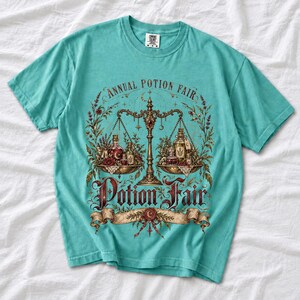 Vintage poster style apothecary scale with potion bottles and a ribbon banner reading Annual Potion Fair
