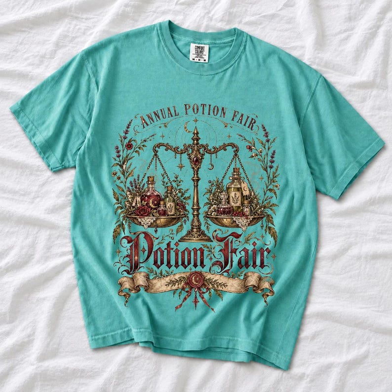 Vintage poster style apothecary scale with potion bottles and a ribbon banner reading Annual Potion Fair