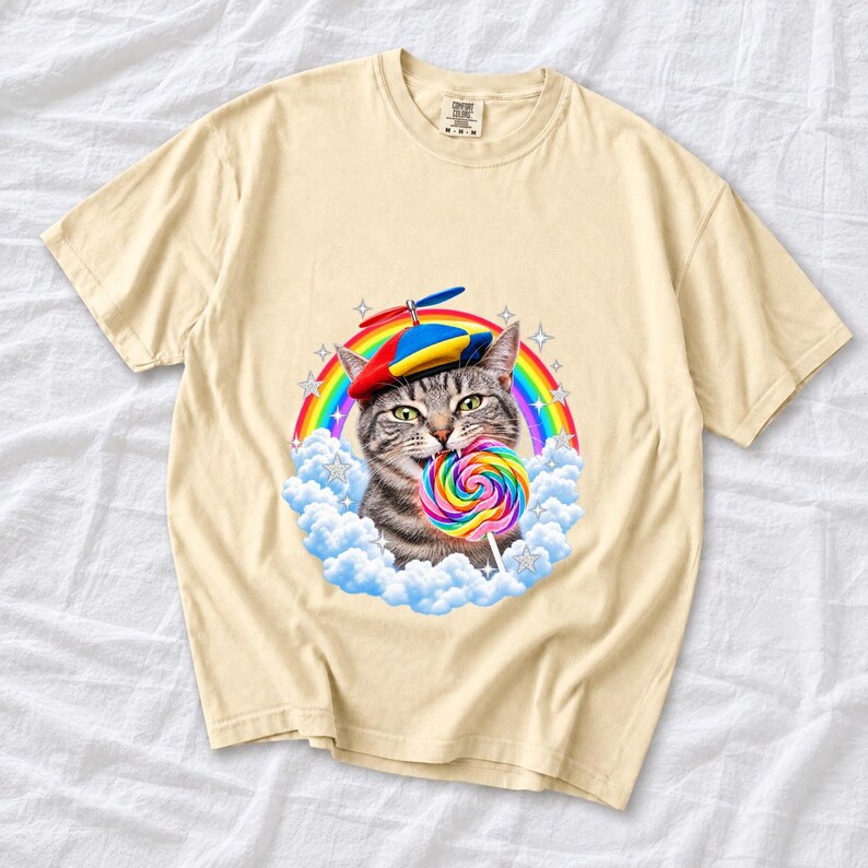 Rainbow Cat Lollipop Propeller Beanie Comfort Colors Shirt product mockup, image 7