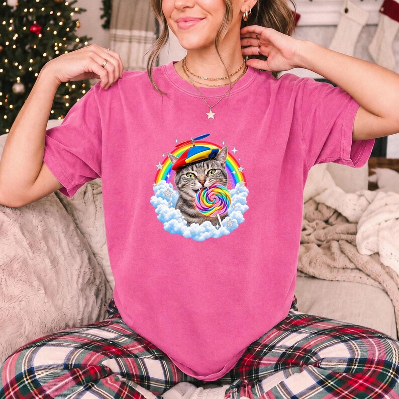 Rainbow Cat Lollipop Propeller Beanie Comfort Colors Shirt product mockup, image 13