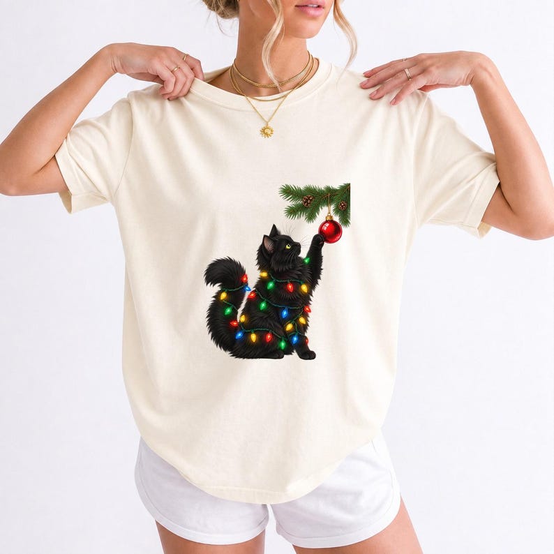 Comfort Colors Black Cat Christmas Shirt, Funny Cat Ornament Tee, Black Cat Christmas Lights T-shirt, Cat Mom Holiday Shirt