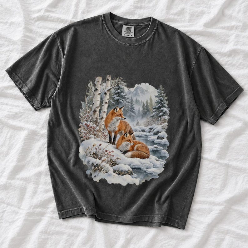 Comfort Colors Winter Fox Shirt, Watercolor Red Fox Tee, Snowy Forest Fox T-shirt, Fox Lover Nature Shirt Gift, Birch Forest Fox Tee