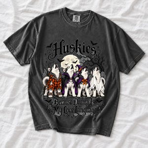 Four huskies in werewolf, vampire, witch and ghost costumes howling at the moon with text Huskies, Because Drama Is My Love L