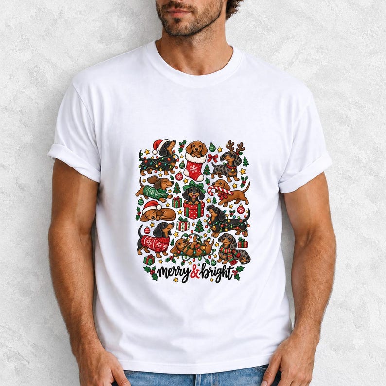 Comfort Colors Merry and Bright Dachshund Shirt, Christmas Doxie Tee, Cute Wiener Dog Christmas T-shirt, Dachshund Mom Holiday Shirt