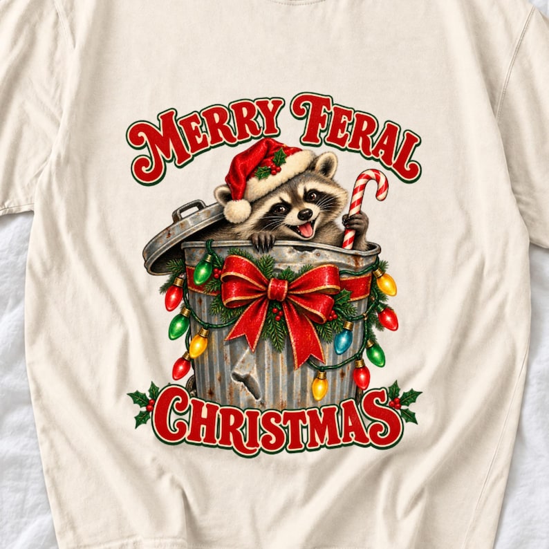 Енот в колпаке Санты «Merry Feral Christmas»