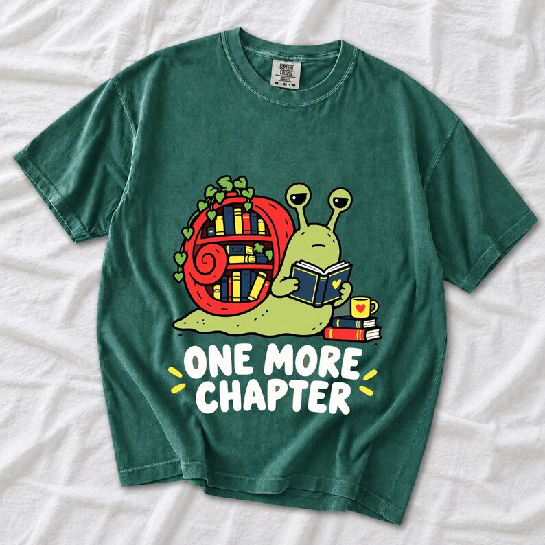 Cartoon snail reading a book with a bookshelf shell and the text One More Chapter