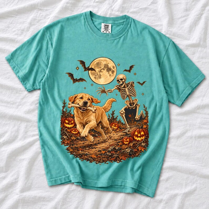 A skeleton chasing a golden labrador that stole its arm bone under a full moon with jack o lanterns and bats