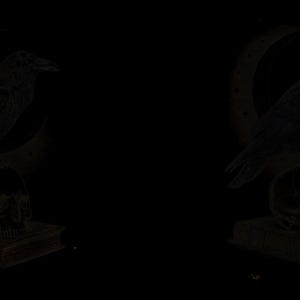 May include: A dark, monochromatic illustration featuring a raven perched atop a human skull, which rests on a closed book. Behind the raven, a crescent moon is visible. The entire composition is rendered in shades of black and dark gray.