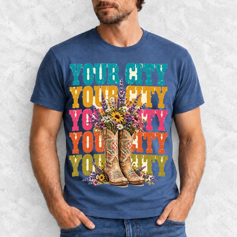 Tan cowboy boots with lavender and wildflowers over a five-line stacked personalized city word in retro colors