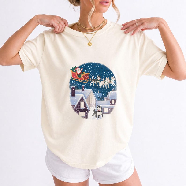 Comfort Colors Santa Sleigh Huskies Shirt, Christmas Village Husky Tee, Retro Santa Sled Dogs T-shirt, Husky Lover Holiday Shirt, Husky Tee