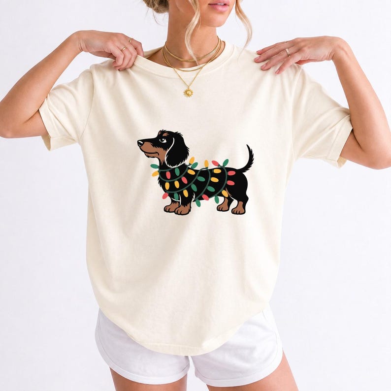 Comfort Colors Dachshund Christmas Lights Shirt, Funny Doxie Christmas Tee, Wiener Dog Christmas T-shirt, Dachshund Mom Holiday Shirt