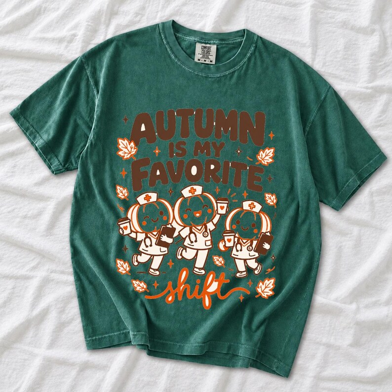 Cute pumpkin characters in nurse caps with clipboards and coffee, text Autumn Is My Favorite Shift