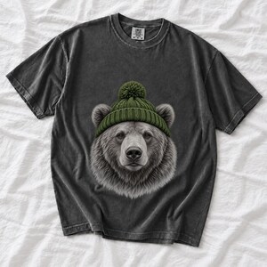 Comfort Colors Bear Beanie Shirt, Sketch Bear Winter Tee, Grizzly Bear Green Beanie T-shirt, Cabin Bear Lover Shirt Gift, Bear Tee