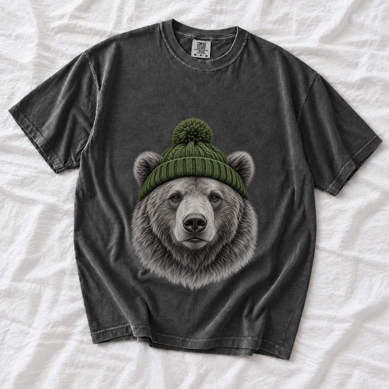 Comfort Colors Bear Beanie Shirt, Sketch Bear Winter Tee, Grizzly Bear Green Beanie T-shirt, Cabin Bear Lover Shirt Gift, Bear Tee