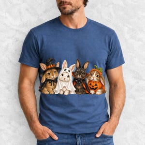 Realistic illustration of four bunnies in witch, ghost, vampire cape and pumpkin costumes in a row