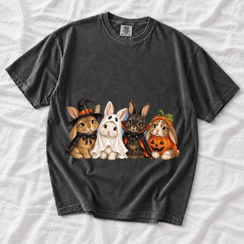 Realistic illustration of four bunnies in witch, ghost, vampire cape and pumpkin costumes in a row