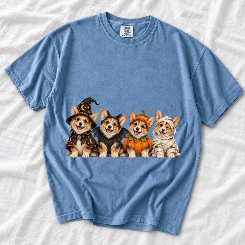 Realistic illustration of four corgi puppies in wizard, bat, pumpkin and mummy costumes in a row