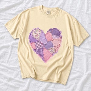 Comfort Colors Lavender Patchwork Heart Shirt, Quilt Heart Tee, Pastel Heart Valentine T-shirt, Valentines Day Heart Shirt Women