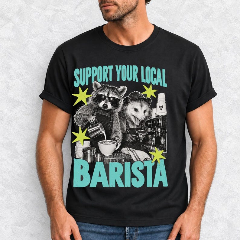 Raccoon and opossum behind an espresso machine, zine collage, text "Support Your Local Barista"