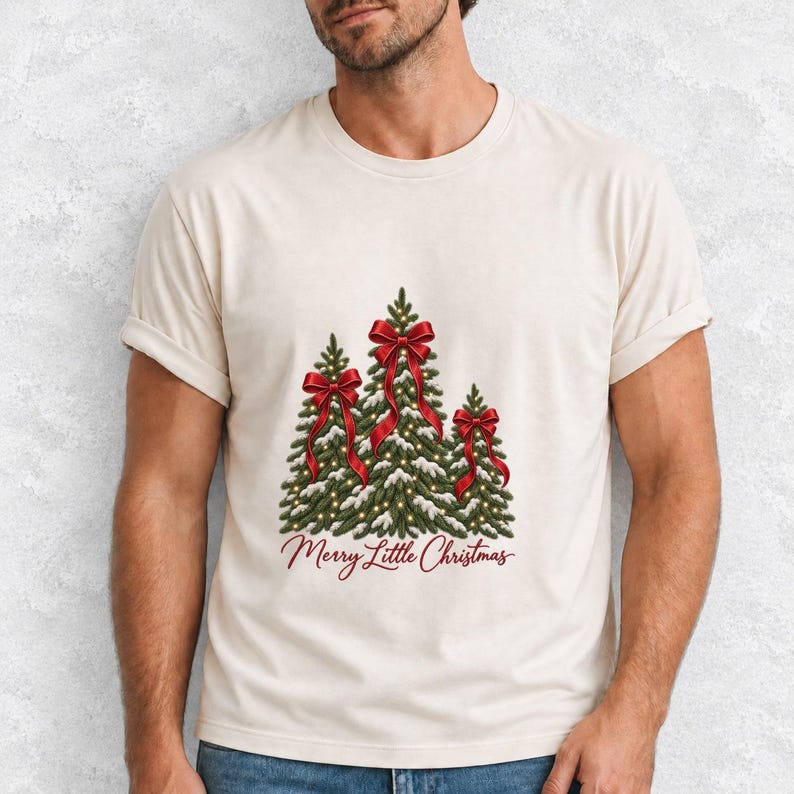 Comfort Colors Christmas Tree Bow Shirt, Coquette Christmas Tree Tee, Snowy Pine Tree T-shirt, Red Bow Christmas Shirt Women