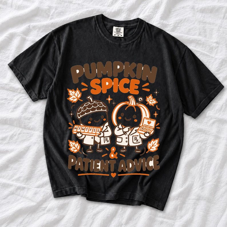 Acorn and pumpkin characters in pharmacist coats holding pill organizers, text Pumpkin Spice & Patient Advice