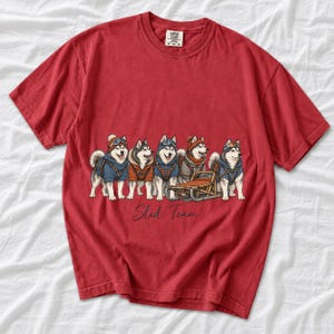 Illustrated huskies in ski gear lined up with a sled, text Sled Team