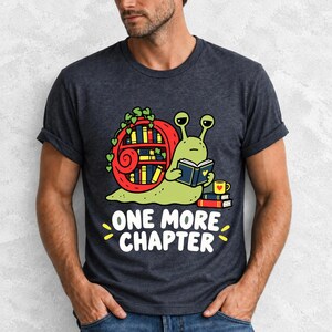 Cartoon snail reading a book with a bookshelf shell and the text One More Chapter