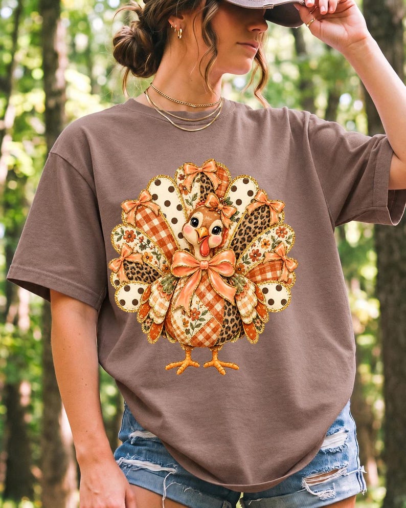 Turkey with patchwork fabric tail feathers decorated with bows on a cream and polka-dot stripe background