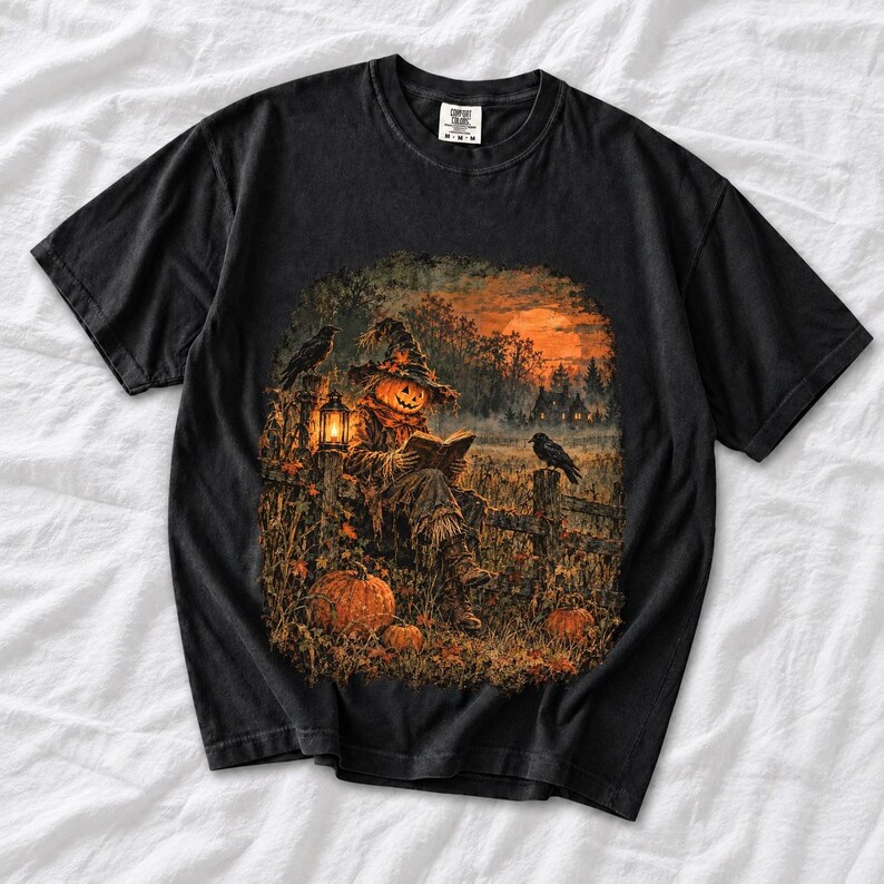 Vintage oil painting of a pumpkin-headed scarecrow reading by lantern in a misty field at dusk with crows on a fence