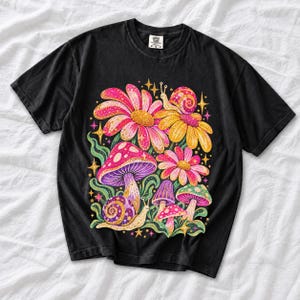Retro 70s psychedelic glitter daisies and snails with groovy stars in pink, mustard, violet and mint